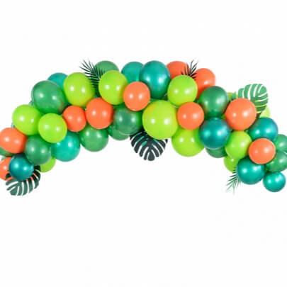 ballonnenboog-met-verschillende-groene-ballonnen-met-ballonlint
